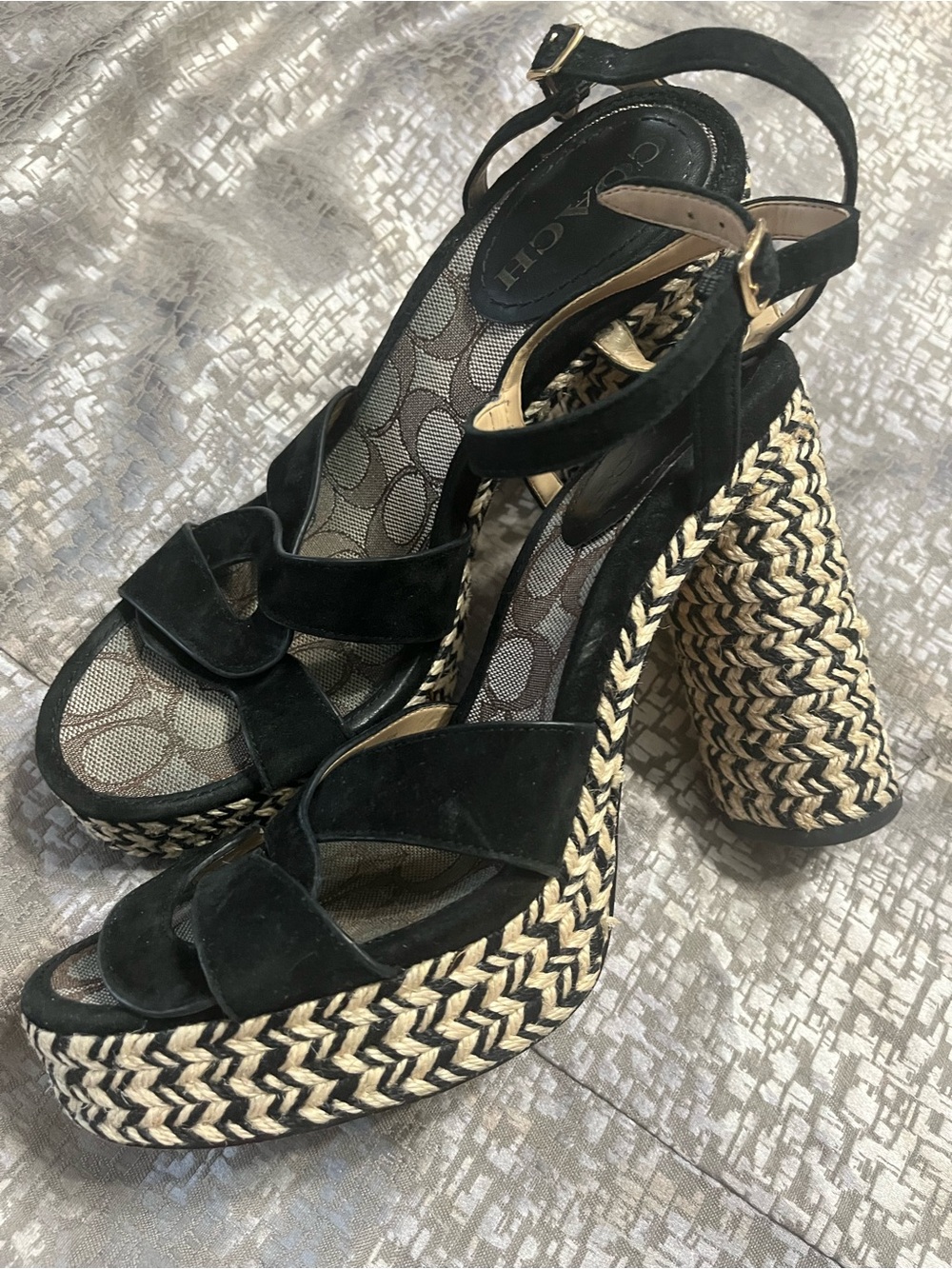 Coach Black Suede Braided Espadrille Platform Sandals